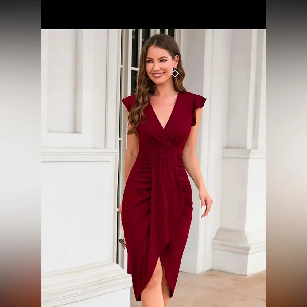 Solid Surplice Neck Ruched Dress, Elegant Flutter Sleeve Asymmetrical Hem Dress - Picture 1 of 6